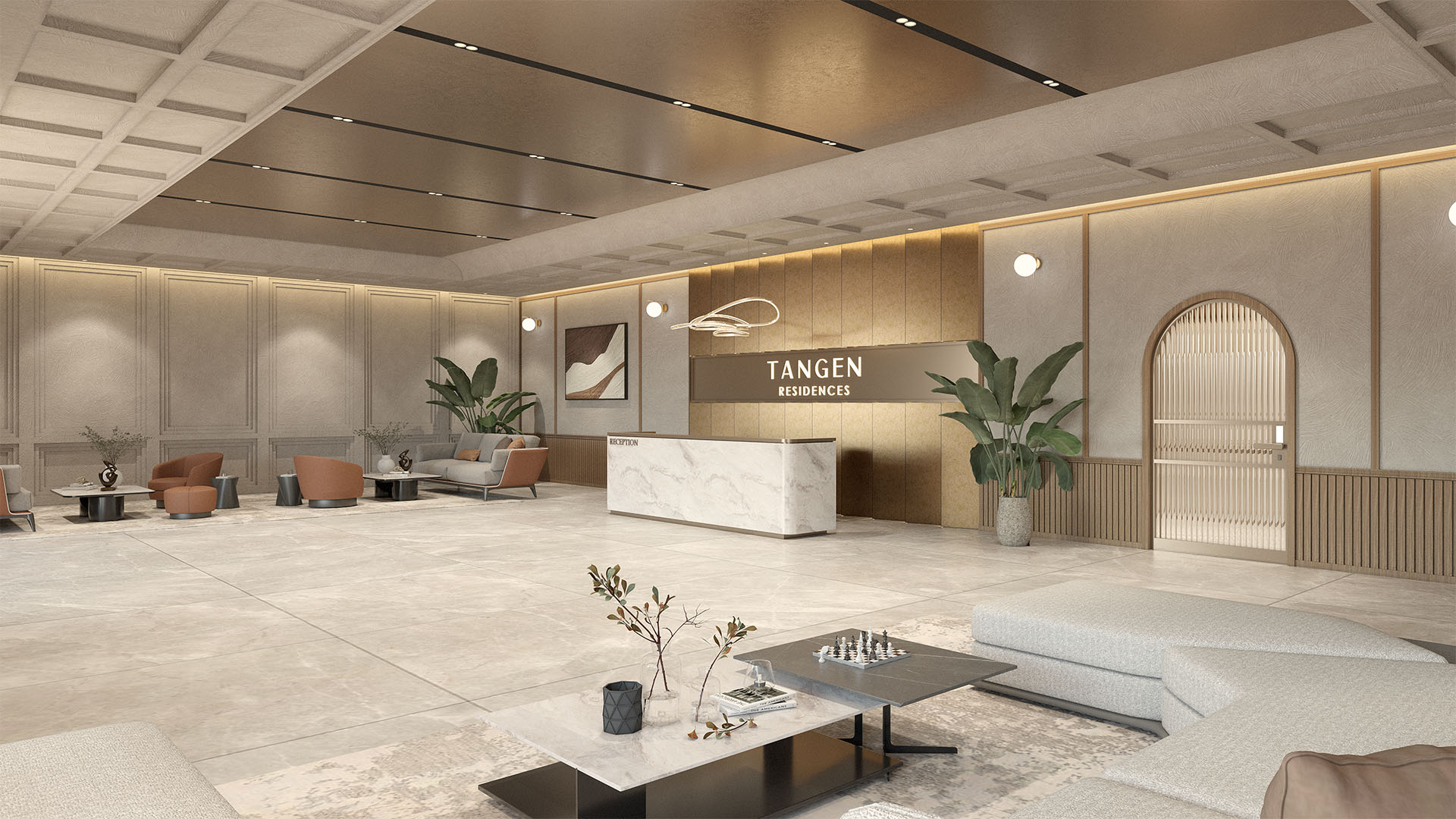 Artist's impression of Tangen Residences @ North Kiara: Tangen Residences lobby with reception desk and seating