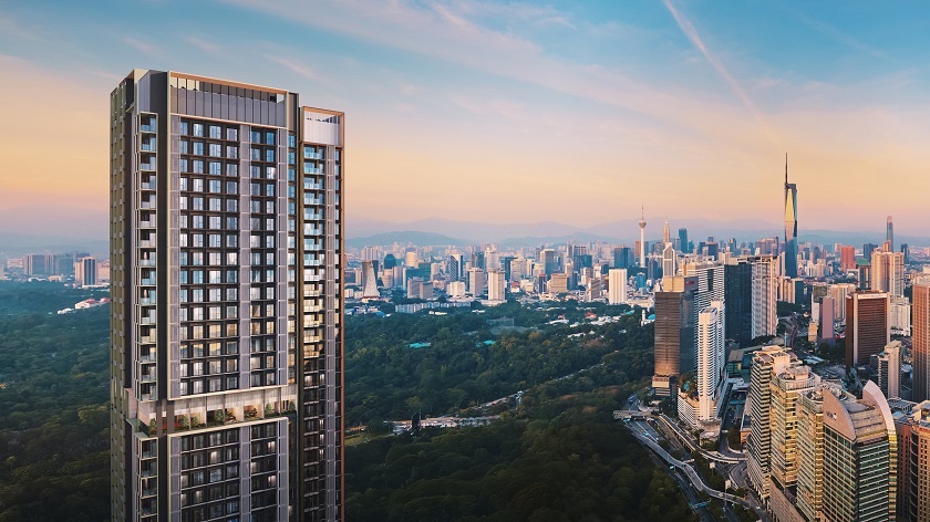 Artist's impression of Parkside Residences @ Setia Federal Hill: CGI render of a high-rise residential tower with city skyline view at dusk