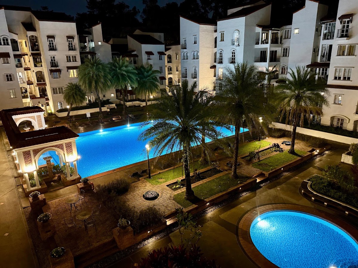 Andalucia: the pools and Mediterranean-style blocks lit at night