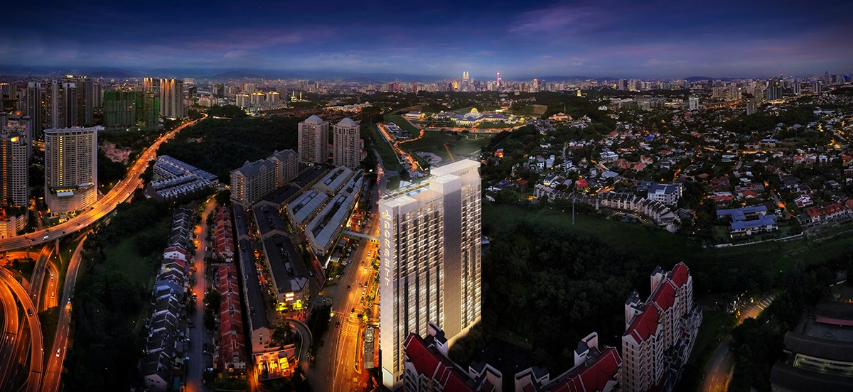 Artist's impression of Dorsett Residences Sri Hartamas: the tower from the air at dusk, the city beyond