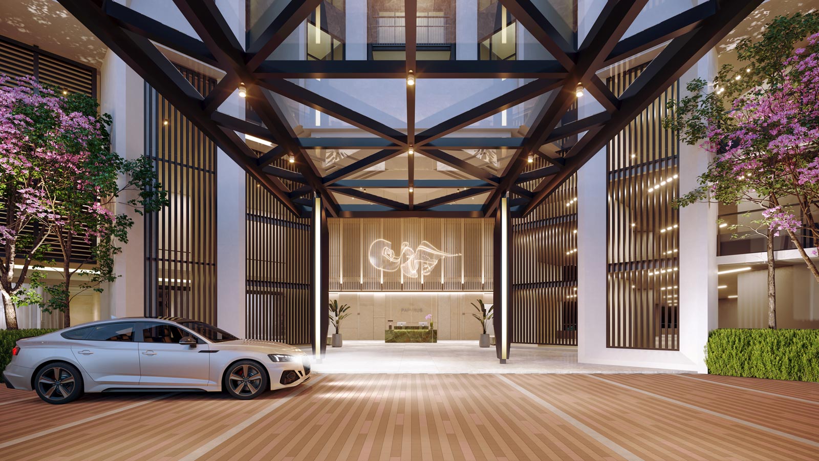 Artist's impression of Papyrus North Kiara: the drop-off under the lobby's timber-framed canopy